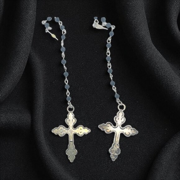 Gota Long Dangle Cross Earrings W/ Black Beaded Chain & Intricate Silver Design - Picture 5 of 7
